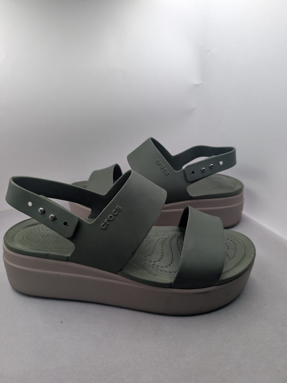 CROCS Olive Green and Taupe Platform Sandals
